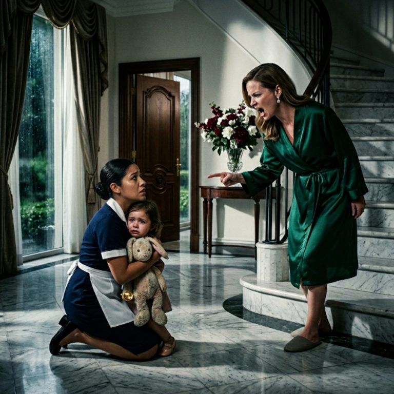 “Get out of my house,” she screamed at the little girl who was just holding up a pretty gold button she’d found on the floor. The maid pulled her daughter close, bracing for the worst. Then slow footsteps came from the top of the grand staircase. The billionaire walked past his fiancée, crouched down on the marble floor, and said four words that made everyone go completely silent.