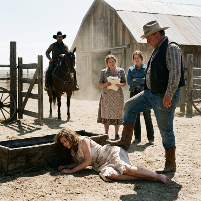 “Sign the damn paper,” Amos said, shoving the young woman’s face into the dirt beside the horse trough. Her own sisters stood watching — one holding the document, the other with her arms crossed like she was already bored. The gunslinger had only stopped for water. That’s what he told himself later. But then he saw the bruises on her wrists, the way she flinched when anybody moved too fast, and the dragging marks in the dust leading from the ranch house. He pushed the gate open anyway. Nobody warned him that her own family would be the ones trying hardest to destroy her.
