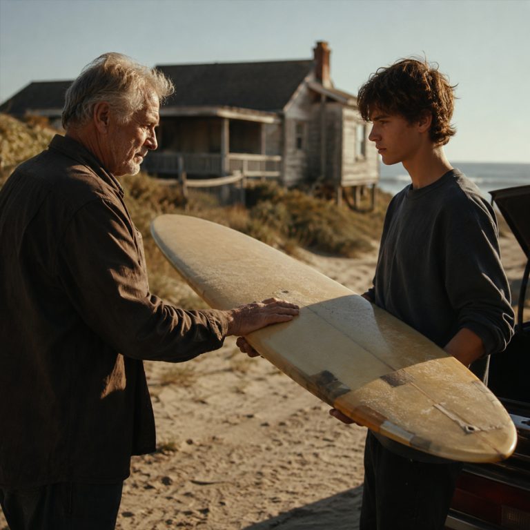 “Just sign him up,” my son said after those bullies smashed his grandfather’s surfboard. I thought teaching him to surf was just about keeping him off his phone. Then I found out his quiet grandpa was hiding something that changed everything — and my son made a choice that left an entire beach speechless.