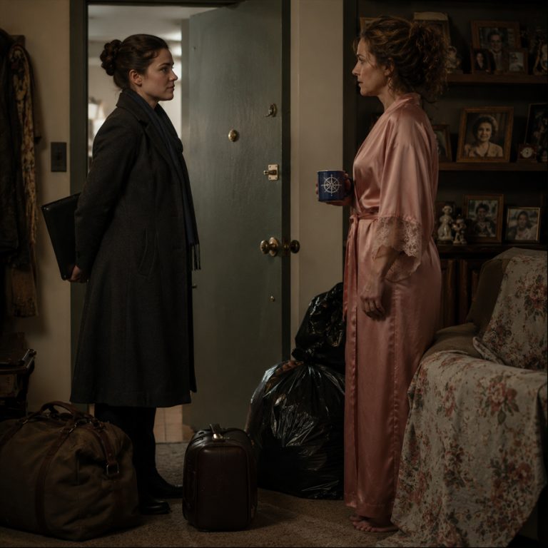 “This place isn’t yours anymore,” my mother-in-law smirked, standing in my apartment wearing my silk robe, holding my favorite mug while my belongings sat stuffed inside trash bags by the door. I didn’t scream. I didn’t beg. I walked to my desk, unlocked a hidden drawer, and found something far worse than I had imagined. Then I made two phone calls — and by the time the police arrived, their little celebration was over permanently.