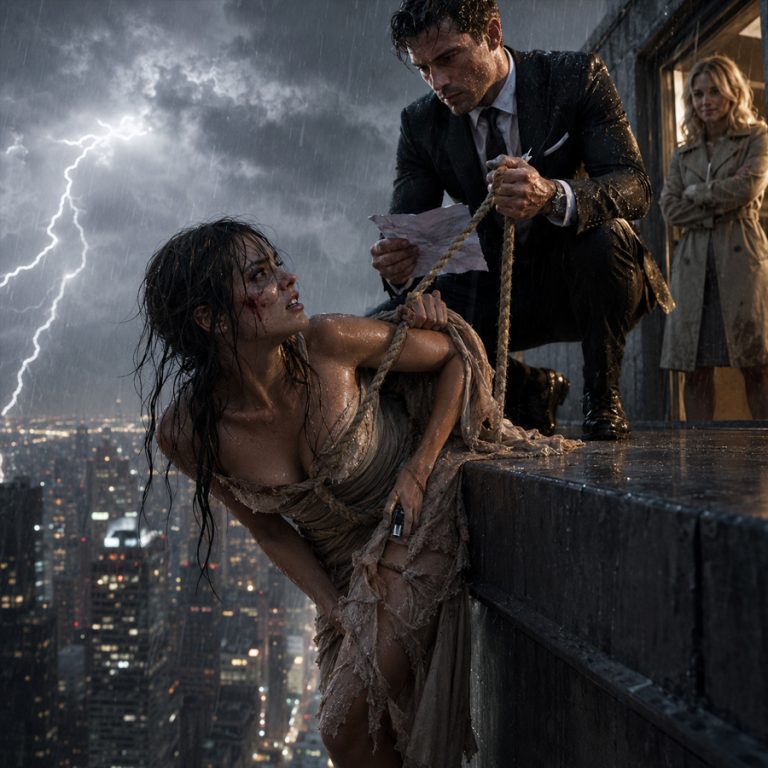 “Just sign here,” my husband said, dangling me over a 30-story drop while his Oscar-winning girlfriend watched from behind him. I had spent five years hiding who I really was, playing the quiet wife who cooked his meals and ironed his shirts. He thought I was nothing. A girl from nowhere with no family to speak of. He handed me a confession to sign for a crime I didn’t commit, promising $10 million if I’d take the fall and do eight years in prison. The rain was drowning me, the rope was cutting into my waist, and I could feel myself slipping. Then I reached into the torn lining of my dress and pressed my thumb against something he never knew I had. Three minutes later, every light in the financial district went dark.