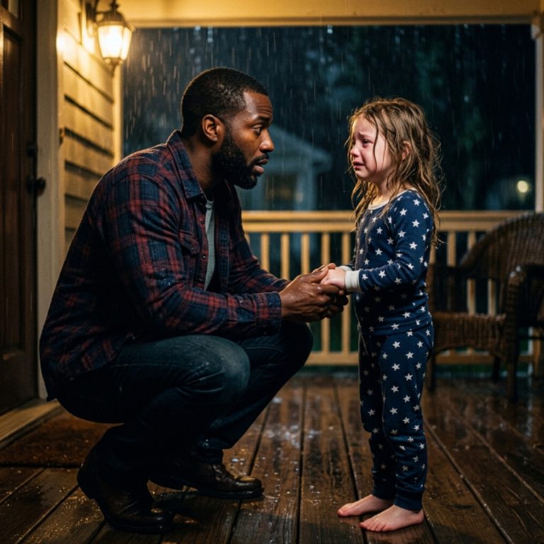 “I need a father by Friday,” the seven-year-old girl said, standing on his porch in star-printed pajamas, barefoot in the cold rain. “If I don’t have one, they’re going to take me away from my mom forever.” Andre Coleman had been living carefully for four years — keeping his radio low, his footsteps soft, his words to a minimum. His wife had died on a Tuesday morning in March, and the silence in his house had settled into the walls like something that would never leave. He was a furniture craftsman who worked with his hands, a single father to an eight-year-old son, a man who had stopped expecting anything to change. But the little girl from next door had knocked on his door at 9:47 on a rainy Tuesday night, and she had wrapped both her small hands around two of his fingers, and she had looked up at him with absolute certainty that she had come to the right place. He didn’t have a plan. He didn’t have words. He crouched down to her level and said, “Come inside.” That was the beginning of everything. What happened next — in a courtroom, in a workshop, in a kitchen full of autumn light — is the most beautiful thing I have ever heard.