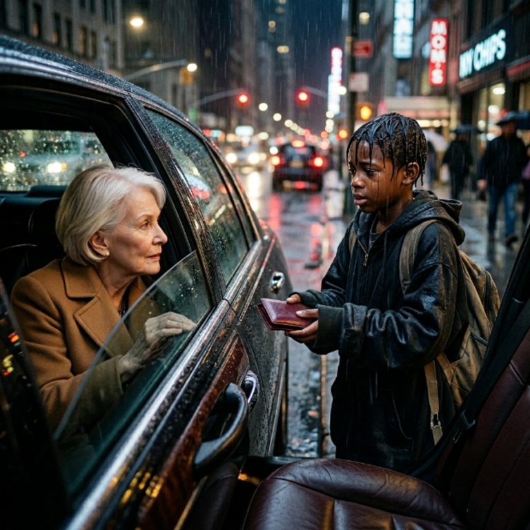 “You dropped this, ma’am.” Those were the words an 11-year-old boy in a hooded jacket two sizes too big spoke through the lowered rear window of a polished black town car on Madison and 57th on a rain-soaked Tuesday evening. The old woman inside — a 74-year-old billionaire who hadn’t been spoken to in that particular tone of breathless honesty by a stranger in more than 50 years — would later say that what she remembered first was not the words, but the rain caught on his eyelashes before she even understood what he was holding. He had run three blocks through cold November rain to catch a car already moving away from him. His sneakers were soaked through. His backpack hung off one shoulder by a broken strap. And when she opened the wallet he had returned — slowly, in plain sight, so he could see she wasn’t checking for missing money — she found everything still inside. Then she asked him a question no one had asked him in weeks. “Mr. Brooks, have you had your supper tonight?” The answer he gave her changed both their lives forever.