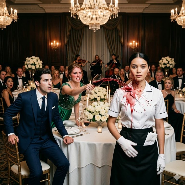 At a billionaire’s pre-wedding dinner, the fiancée threw a full glass of red wine directly into a maid’s face. The room froze. Three hundred guests stopped breathing. Everyone expected the young woman to cry or run — but she didn’t move. She just stood there, dripping in red, and said three words so quietly that only the closest tables heard. The billionaire groom was on his feet before the wine stopped dripping. And what that maid pulled from her apron pocket in the next sixty seconds made a woman who had everything lose it all before dessert was even served.