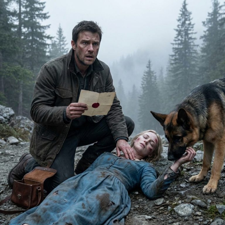 The mountain wind moved through the tall pines with a cold warning as Thomas knelt beside the dying woman his dog had found. Her dress was torn, her face bruised, her skin pale and cold. He carried her to his cabin, and as he lifted her, a small piece of paper slipped from her dress. It carried the official seal of the territorial marriage bureau. The name written on it made his heart stop — Victoria Powell, his promised bride, the stranger dying in his arms was the woman he had waited three months for, the woman he thought had abandoned him. But before he could process the truth, three armed men surrounded the cabin. They were hunting her. And now they were hunting him, too.
