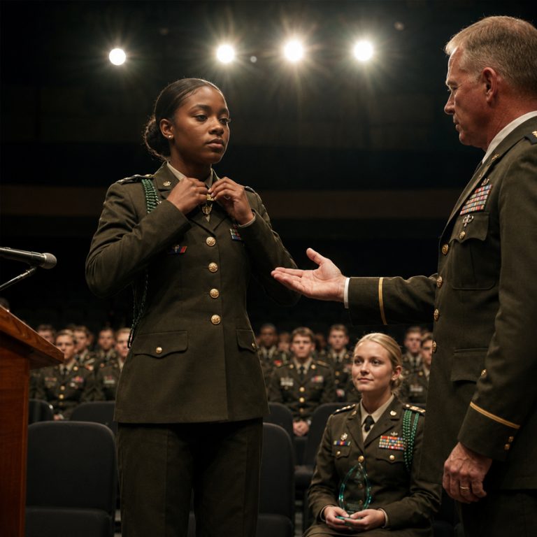 “Strip them. Every ribbon, every rank. Take them off. Right here, in front of everyone.” The auditorium went dead silent. 200 cadets watched her unclip the first ribbon, then the second, then the distinguished cadet pin. Three years of work gone in seconds. “Standards don’t bend for demographics,” the colonel told the crowd. “Go back to your sewer.” Briana’s fingers trembled, but she didn’t cry. She didn’t run. She stood there, uniform stripped bare, and walked out alone through the double doors. What she didn’t know was that her father — a man who had never once used his rank for her — was already on his way. And when he arrived, he wasn’t wearing a toolbelt. He was wearing a base commander’s uniform.