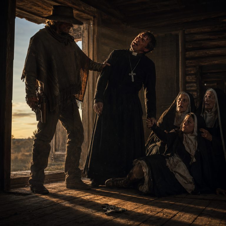 The sun over Dodge City didn’t shine. It judged. A nameless gunman heard a young woman scream from a lonely cabin on the Kansas prairie. She wore the habit of a nun — but she was being held down by other women in habits, and a man with a priest’s collar had a nickel‑plated derringer in his hand. The drifter didn’t draw. He just grabbed the priest’s wrist and squeezed until bone snapped. “Tell your brother, the judge, that the rules have changed.” The judge owned the town, the sheriff, the gallows. But he didn’t own the truth — and the girl had his secret ledger. What happened next made Dodge City remember what justice looked like.