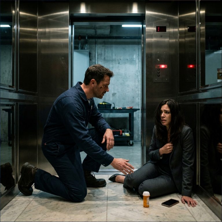 “Don’t touch me,” the woman on the elevator floor whispered as she pushed herself upright. I was just a maintenance technician working the overnight shift — but when I saw the orange prescription bottle in her purse and the fear in her eyes, I recognized something I’d seen before. Then I found the hidden cable tray in the data closet, overheard two men talking about “another episode” — and a billionaire’s secret became a war I couldn’t walk away from.