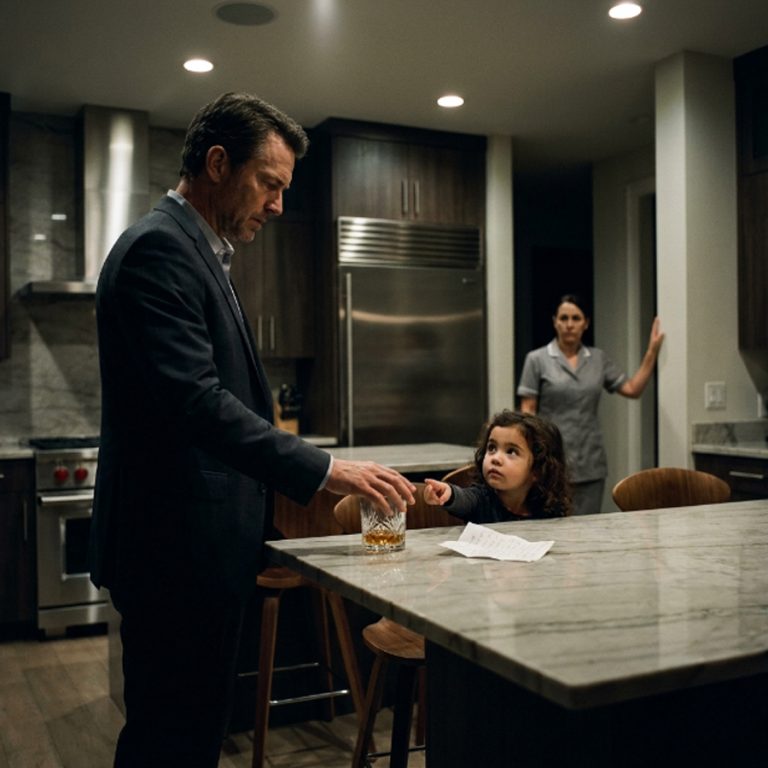 “Daddy, don’t drink that,” the maid’s three-year-old whispered from across the kitchen. The billionaire froze, his hand inches from his evening whiskey. Then he looked at the child’s face — and saw something that made him set the glass down slowly. That single sentence from a toddler who couldn’t even tie her shoes exposed a fiancée’s secret, saved a man’s life, and changed everything in that mansion forever. Because sometimes the smallest people carry the biggest truths.