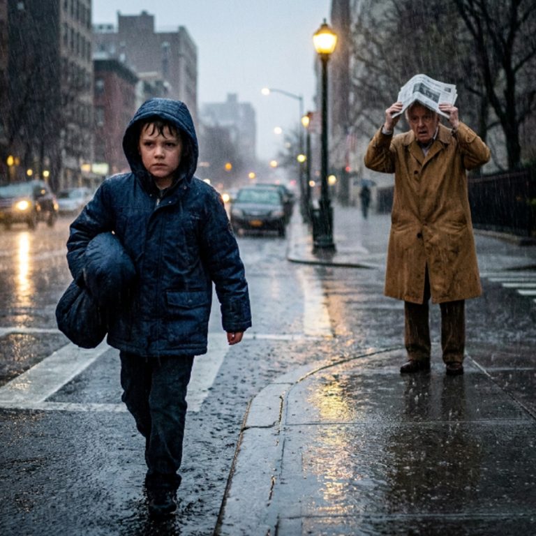 “Sir, are you all right?” An 11-year-old boy carrying three library books stopped in the rain to ask that question. The old man on the corner didn’t know his own address. He was soaked through, his hands shaking, and people had been walking past him for hours. What happened next — the phone call, the arrival, and what appeared on the doorstep the very next morning — would change two families forever. All because a boy crossed a street when no one else would.