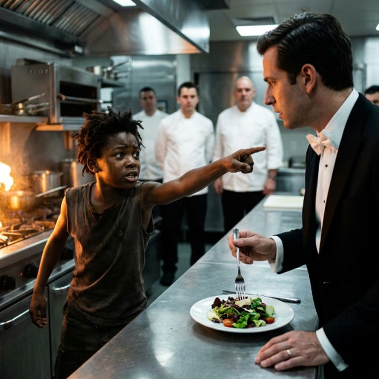 “Don’t eat this!” The boy’s voice shattered the silence of the five-star kitchen. He was 12 years old, dressed in rags, clutching a burlap sack — a street urchin who had somehow slipped past security. The billionaire in the tuxedo froze, staring at the child who had just lunged toward his plate of salad. His security team moved to intercept, but something in the boy’s terrified eyes made him raise his hand. “Why?” he asked. What the boy said next changed everything — and reminded the billionaire of a lesson he’d buried decades ago under layers of cold ambition.