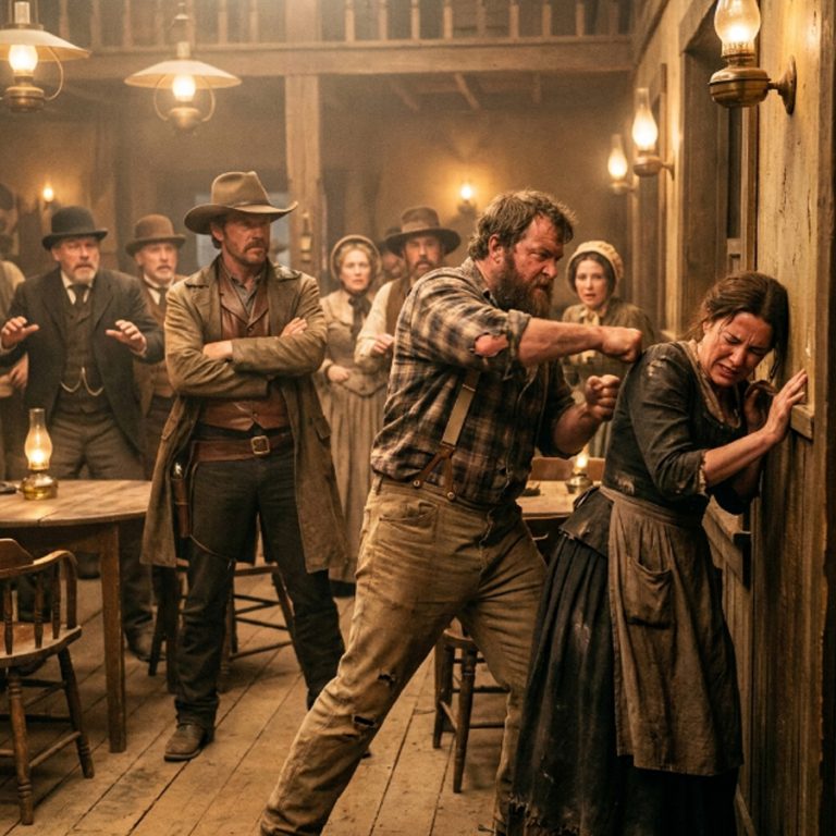 Emma Hartley’s hand closed around the handle of that knife the moment Vernon McCrae’s fingers touched her wrist. Her whole body was shaking, not from fear anymore, but from something harder that had been building inside her chest for three years behind that saloon bar. She was done being afraid. She was done being quiet. Then a voice from the corner said, “I’d put that hand down,” and a stranger with dust-colored coat and careful eyes stood up and changed everything. But walking out of that saloon was only the beginning — because Vernon McCrae had a ledger, a locked box, and thirty years of stolen lives waiting to be uncovered.