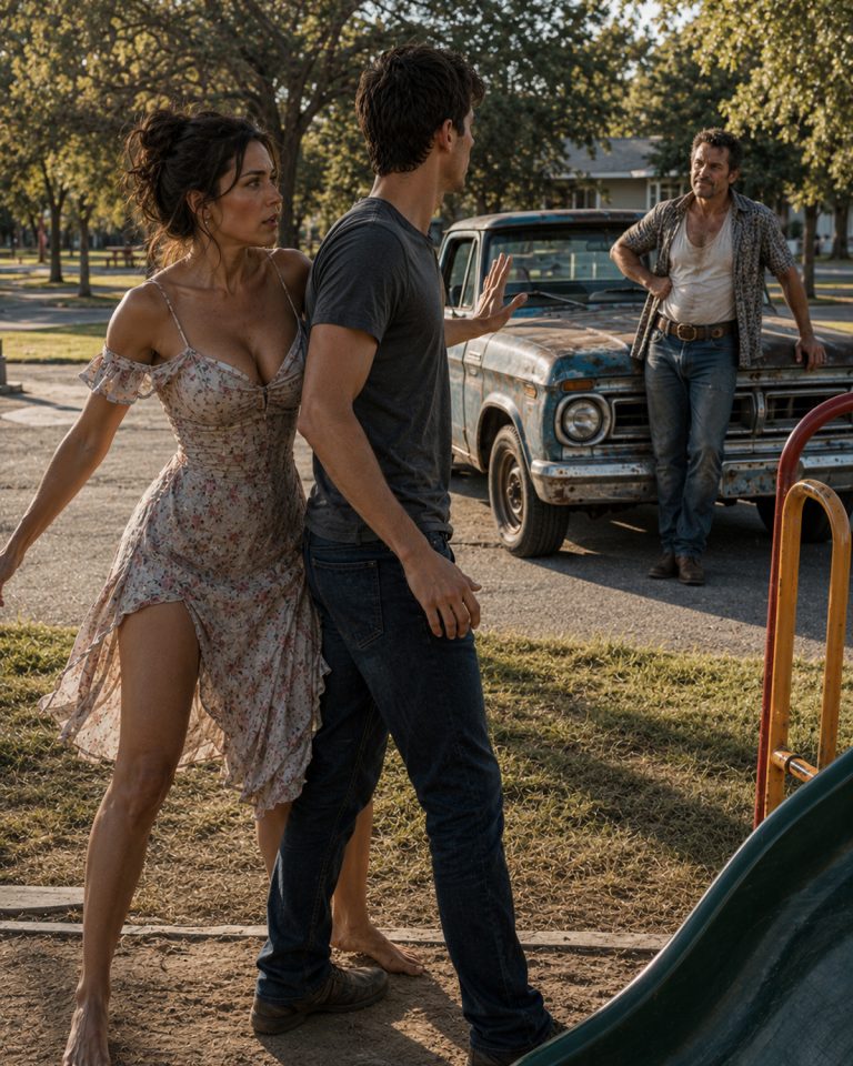 “Please,” she gasped, her face bruised and her hands trembling as she clutched her daughter against her chest. I opened my door without hesitation that night, not knowing the woman standing on my doorstep would change everything. Then her husband found us at the park across town — and the look in his eyes told me this was far from over.