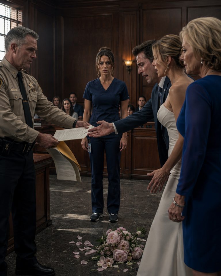 “You’re too late, sweetheart,” his mother smiled as I stood in the courthouse doorway in my scrubs. I’d just spent four hours saving a child’s life, but my fiancé had moved our ceremony up by thirty minutes — and married my best friend instead. Then a detective walked in with a manila envelope, and I realized the wedding wasn’t the only thing they’d stolen from me.