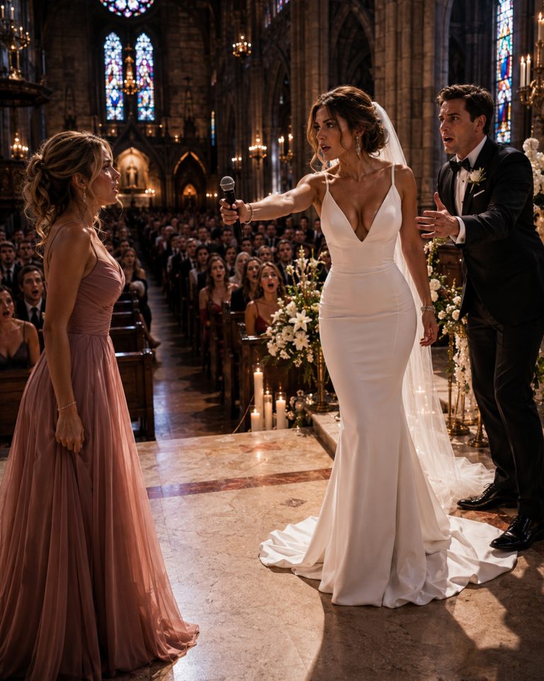 “I’m pregnant with his baby,” my maid of honor announced to 300 stunned guests at the altar, just seconds before I was supposed to say my vows. The cathedral went absolutely silent, every head turning toward me, waiting for me to shatter. But I didn’t cry. I didn’t scream. I reached for the microphone, looked directly at her, and said calmly, “I’ve been waiting for you to finally tell everyone the truth.” The color drained from her face so completely that I watched her understand in real time — she had just walked into a trap she never saw coming.