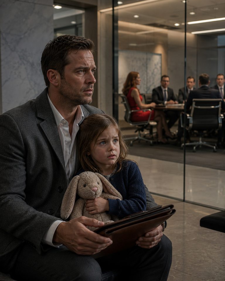 “The boardroom fell silent when the homeless-looking man from the lobby dropped a black founder’s card onto the mahogany table.” The executives had just finished mocking him. Security was dragging his crying daughter toward the exit. The CEO had personally ordered him removed for disrupting the professional environment. Nobody recognized the wrinkled coat. Nobody saw past the worn shoes. They didn’t know they’d just humiliated the billionaire founder who disappeared 5 years ago — the man who still owned everything they thought was theirs. He had a flash drive in his pocket with evidence that would destroy every single one of them. And his daughter had just watched them mock her father.