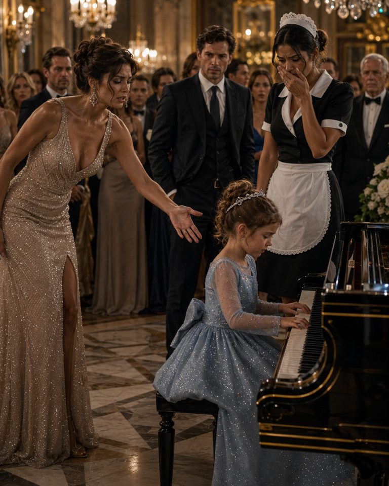 “The fiancée forced a maid’s toddler to play the piano in front of dinner guests to humiliate her. Then the three-year-old started to play — and the room went completely silent.” She was a single mother who’d lost everything and taken a job cleaning a billionaire’s mansion just to keep a roof over her daughter’s head. Her little girl had been secretly teaching herself music on the estate’s grand piano. When the cruel fiancée brought her out as a joke, she had no idea what was about to happen. Then everyone looked at the billionaire — and the look on his face changed everything.