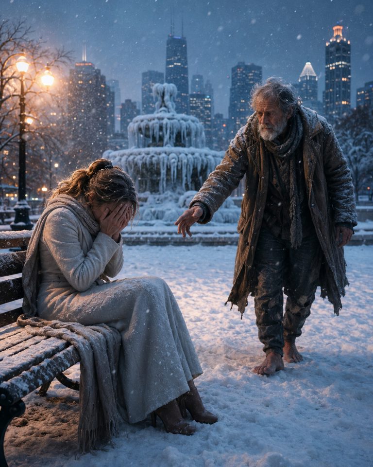 “He did not wait until after dinner. He did not wait until morning. He walked into our kitchen on Christmas Eve with snow melting on his shoulders and told me he was leaving.” For 28 years, I’d been the good wife — quiet, supportive, making myself smaller so he could shine. Then he told me I’d become old. I walked out into the snowstorm in my socks, sat on a frozen park bench, and cried until I couldn’t breathe. That’s when a barefoot stranger shuffled past me. I gave him my boots. I had no idea that act of kindness would expose everything my husband had been hiding — and give me a second life I never could have imagined.
