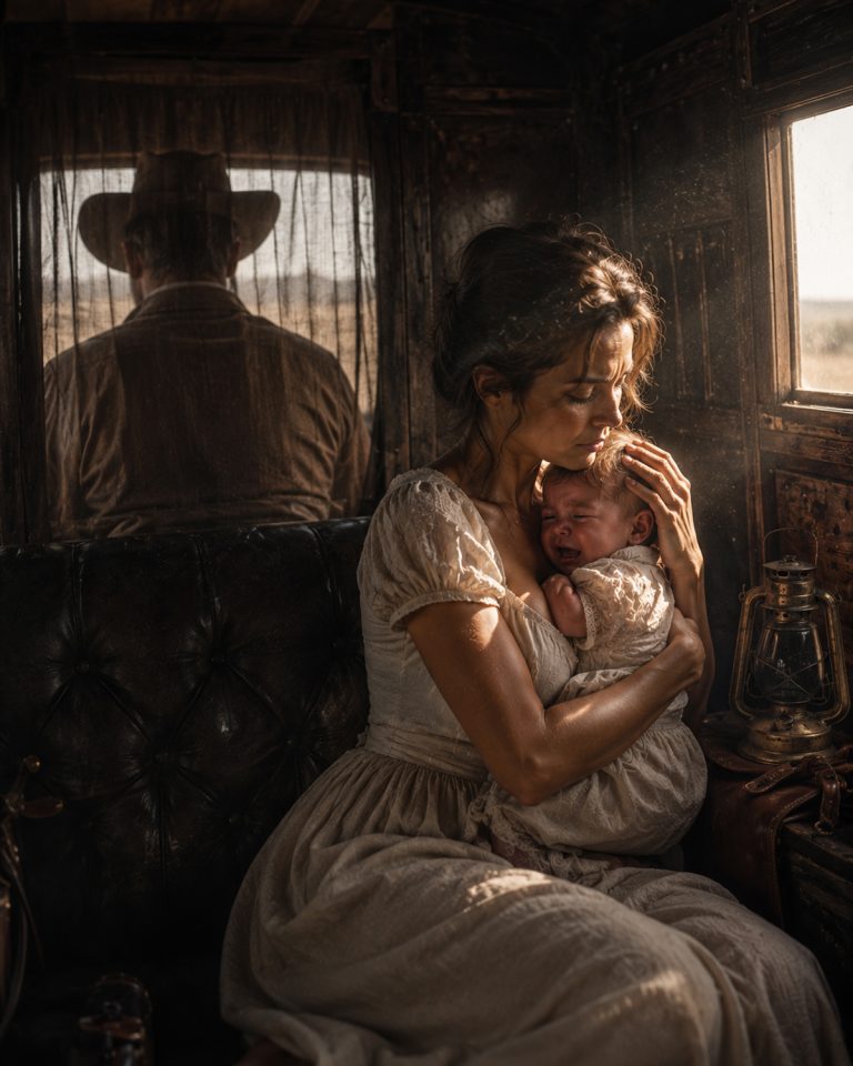 “His son had been screaming for two hours straight inside the rattling stagecoach,” the rancher said, exhaustion etched into every line of his face. Then a quiet widow in a gray dress reached for the baby — and did the unthinkable right there behind a thin curtain. What happened next would change all their lives forever.
