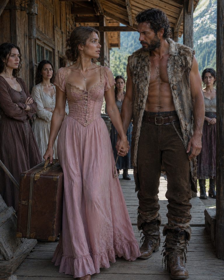 “About time,” Mrs. Carpenter snapped when Emma approached the counter. She snatched the buckskin coat from Emma’s hands and held it up toward the oil lamp. ‘Fringe is uneven. Bead work too tight. Leather stiff. Do you call this sewing?’ Emma’s stomach twisted. She had worked on that coat late into the night for a full week. She had bled into the leather. She had done her best. Before she could speak, another voice cut through the room. ‘That coat is fine work.’ Heads turned toward the far corner. A man stepped forward from the shadows. He was tall, broad-shouldered, dressed in buckskin that had seen hard winters. His gray eyes held the steady calm of a man who lived more with mountains than people. He inspected the coat with a slow, thoughtful gaze. ‘Hands that stitched this were careful. I can tell.’ Mrs. Carpenter shoved the coat back into Emma’s arms. ‘Take it and go. And don’t bother stepping in here again unless you’re looking for charity.’ The seamstress had nothing left. Then the stranger followed her outside and made her an offer that would change everything.”