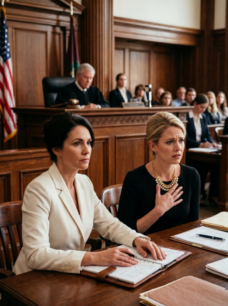 “Look at her neck,” Catherine whispered, her voice trembling. The mistress had walked into her divorce hearing wearing the stolen sapphire necklace that had vanished during a mysterious burglary. I thought the case was lost until the judge called a name that made the other woman’s face go white — and the man in the gray suit began to speak.