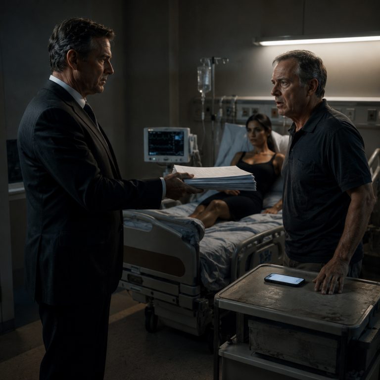 “Just sign here,” the lawyer slid the documents across the hospital bedside table while my father’s pizza dinner photo glowed on my phone. I thought I was being dramatic, lying there hooked up to oxygen, when Arthur said he could make it all official. Then the pen touched the paper, the notary stamped it — and my family’s entire future collapsed in under sixty seconds.