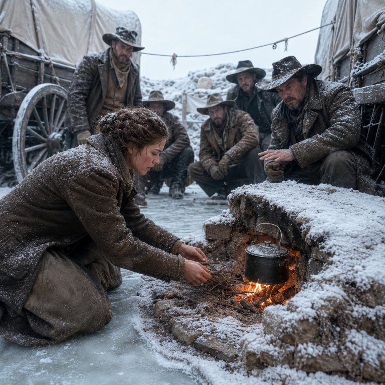 “Just a single ember,” she whispered, holding the battered tea tin against her chest as the blizzard howled around them. The last fire had died, every match was soaked, and 28 men were freezing to death in the Texas panhandle. Then the foreman ordered everyone to follow the widow’s instructions — and what she did next with a rusted old box and a handful of ashes changed everything.