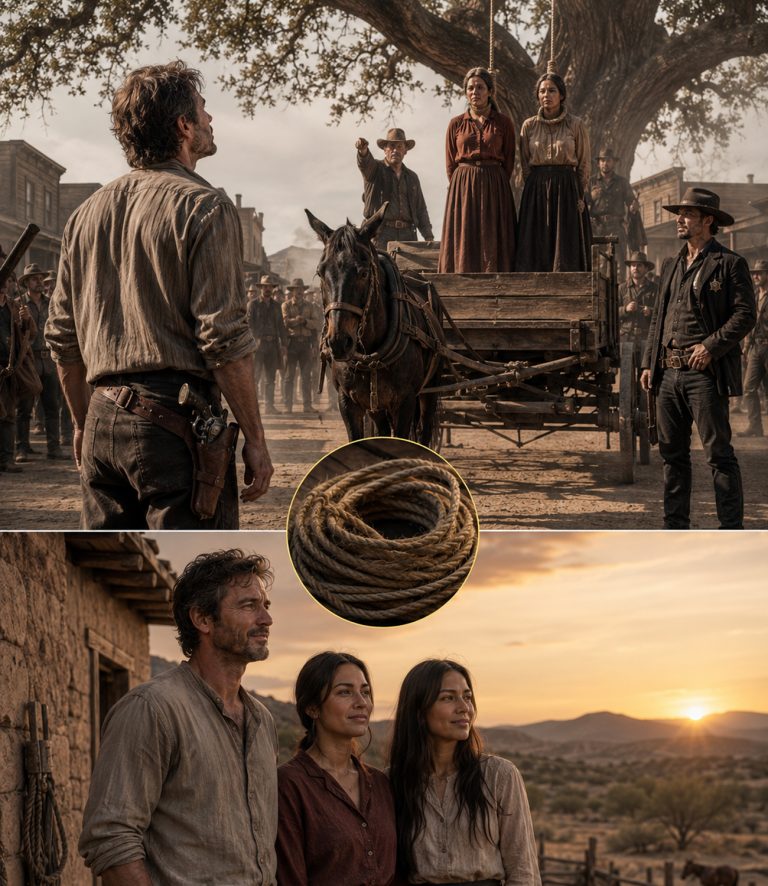 “The first thing Caleb Walker saw was not the rope. It was the boots.” Two women’s boots balanced on the edge of a wagon. A mob waited for them to fall. He’d spent four years avoiding trouble — drifting across the desert, sleeping alone, convincing himself people weren’t worth the risk. Then he saw the younger woman’s eyes. She wasn’t looking at the crowd. She was staring directly at him. And everything changed.