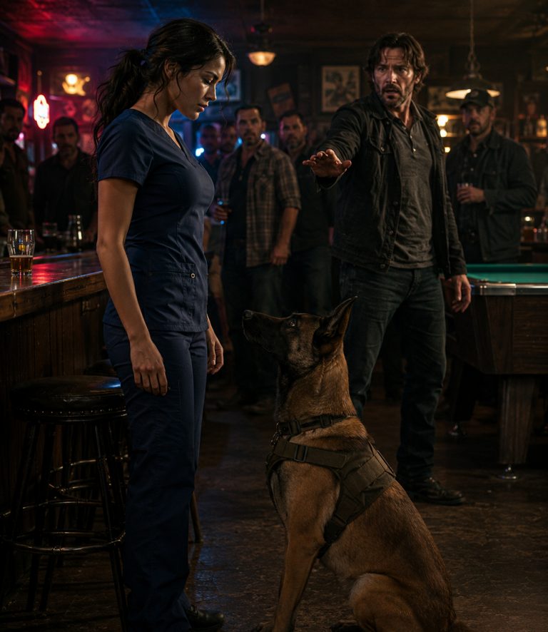 “Just a nurse,” the SEAL laughed from across the bar. I kept walking — I’d heard worse. Then his 90-pound Belgian Malinois exploded from beneath a table, bypassed everyone in the room, and sat at my feet like I was the only person there. One word, one old word from a life I didn’t talk about anymore, and the dog obeyed like I’d never left. The man who’d made the joke went pale. He knew that command. He knew the woman who’d used it. And the man I’d saved years ago in the dark — the one whose scar I’d stitched by feel — was about to be wheeled into my trauma bay with minutes to live.