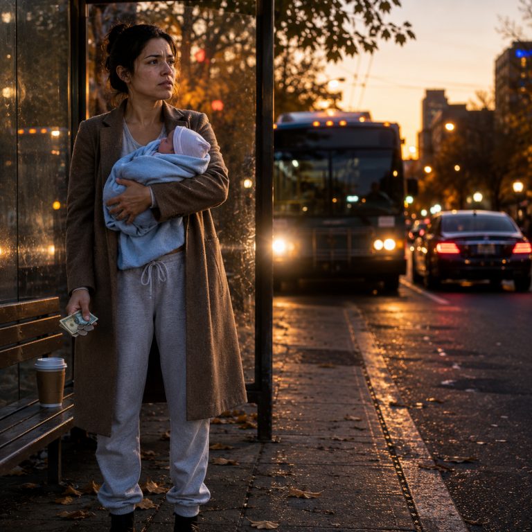 “Here’s your bus fare,” my husband said, shoving crumpled bills into my hand five days after my C-section. I stood there holding our newborn son, watching his family climb into my car and drive away to a steak dinner while he pointed me toward the city bus. Then I pulled out my phone, made one call, and within 48 hours his entire company collapsed. But he still had no idea who he had just made an enemy of.