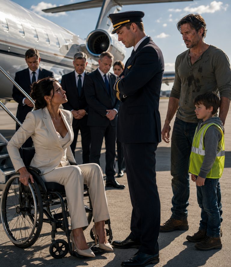 “No responsible pilot will fly you again,” the captain told me, standing beside my private jet while my executives lowered their eyes. I’d built an aviation empire from nothing. I’d survived the crash that took the movement from my legs. But that morning, surrounded by everything I’d achieved, I finally believed my real life was over. Then a voice cut through the humiliation—a mechanic in grease-stained jeans, his 9-year-old son beside him. He said he had the credentials to fly me. I asked what he wanted. He said nothing. And when his son quietly asked if I was scared, something I hadn’t allowed myself to feel in years broke open.