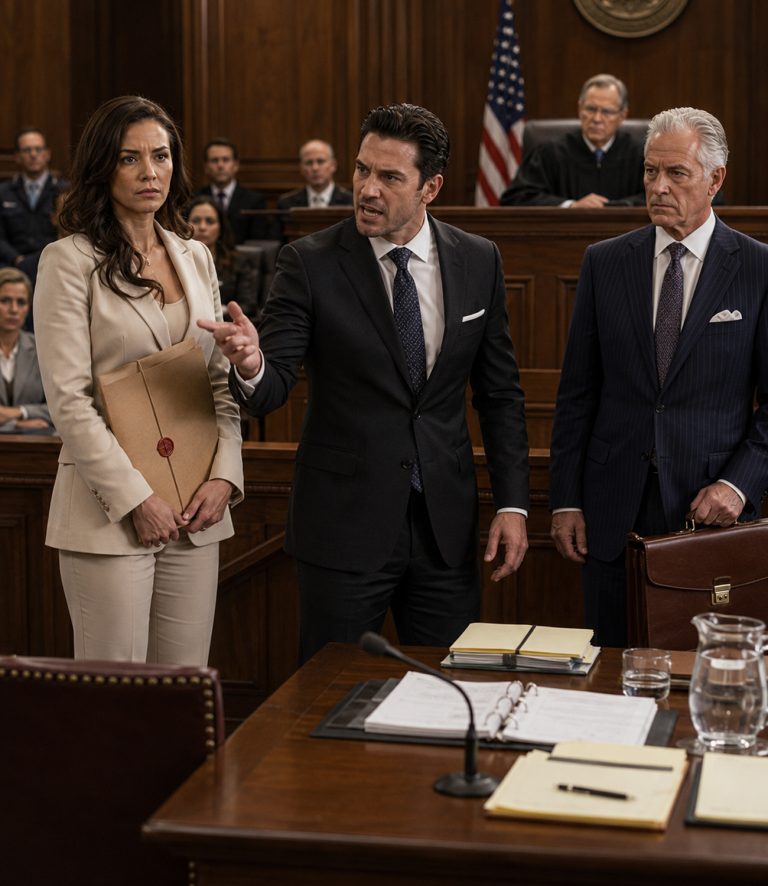 “The gavel echoed like a gunshot, finalizing Evelyn’s complete ruin. After 10 years of marriage, her husband had taken the house, the accounts, and her dignity, leaving her with pennies. He sat grinning, victorious. But neither he nor the judge knew a dead man was about to testify. A man in a navy suit threw open the courtroom doors, carried a battered briefcase, and revealed a trust that had been waiting for exactly this moment — a trust that would strip Derek Montgomery of everything he’d stolen and hand it all back to the wife he’d tried to destroy.”