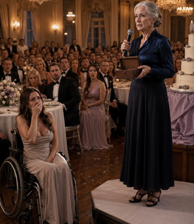 “Push the chair back. Your wheelchair is ruining the entire atmosphere.” My sister leaned down and whispered those words right in front of me, her smile still perfect for the cameras. My mother stood three steps away, heard every word, and turned toward the flower arrangements. My father kept pouring wine, not saying a single word. I gripped the armrest tightly, silent like I had practiced for 16 years. They didn’t know the woman sitting at the table right behind me — the groom’s mother — was clutching a wooden box on her lap. The box contained 84 letters that my mother had burned in the backyard 12 years ago. And in seven minutes, she would stand up and say one sentence that would silence all 250 guests.