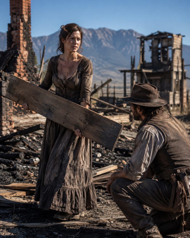 “There’s no house,” he said from the platform, looking up at her before she’d even stepped off the train. She had traveled 1,200 miles from Cincinnati to marry a man she’d never met — and on the day she arrived, he offered to buy her a ticket home. She looked at his ash-stained boots. She looked at the empty land behind him. She stepped down anyway. Then she pulled a mallet from her trunk and began to measure what remained. What happened next made the entire town of Coulter’s Ford gather at the property line in silence — and one of them finally picked up the other’s hand.