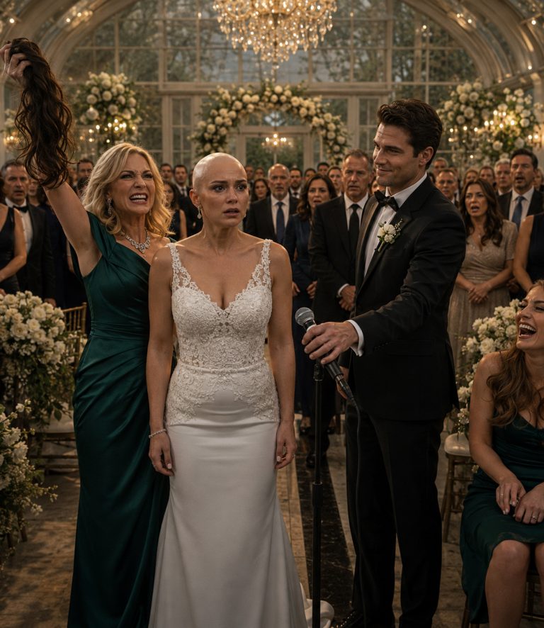 “Now he can see the bald cancer patient he’s really marrying,” my mother announced into the microphone, holding my medical wig in the air for everyone to see. My sister laughed from the front row. 114 guests fell silent. Then my groom took the microphone with a cold smile and said words that would destroy everything they’d built — revealing that every single guest in that room was a doctor, engineer, or business partner who had helped me build a multi-million dollar infrastructure empire while I fought cancer alone in their basement.