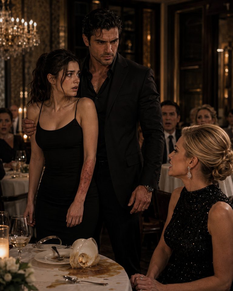 “You’re going to regret this,” the man said, his voice dropping like ice onto the table. He’d just watched a spoiled heiress scald a waitress with hot soup — and then smirk about it. He didn’t raise his voice. He didn’t threaten. He simply took off his jacket, placed it over the trembling woman’s shoulders, and told the most powerful family in Halloway that their reign was over. They had no idea the waitress they’d just humiliated had been waiting five years for this exact moment — and she was carrying a secret that could burn their entire empire to the ground.
