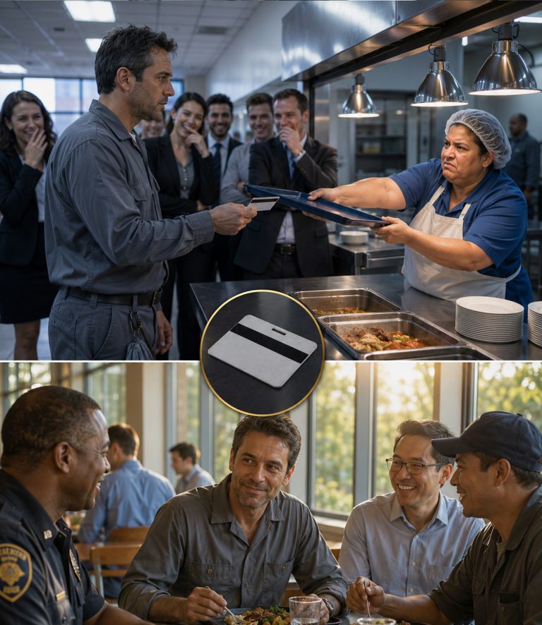 “The food isn’t for you,” the cafeteria worker shouted, yanking the tray from the janitor’s hands as the whole room laughed. He walked out without a word, sat alone on a bench with his empty stomach, and told a passing stranger his name. That stranger happened to be the CEO — and she’d been watching the security footage all week. Then she called a meeting that changed everything.