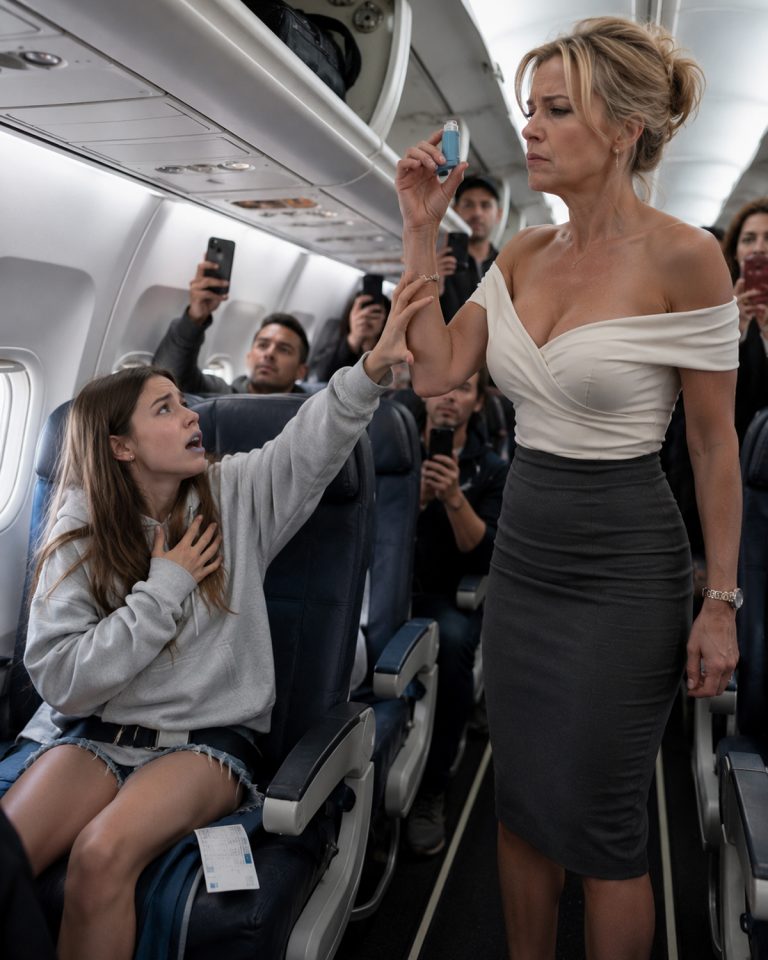 “Ma’am, that’s not real medicine,” the flight attendant snatched the inhaler from 17-year-old Maya’s trembling hands. The cabin fell silent as she gasped for breath, her lips turning blue. Then Maya’s phone buzzed with one final call — and the voice on the other end made the flight attendant’s face drain white. The caller was in the same airport, walking toward their gate — and nothing would ever be the same.