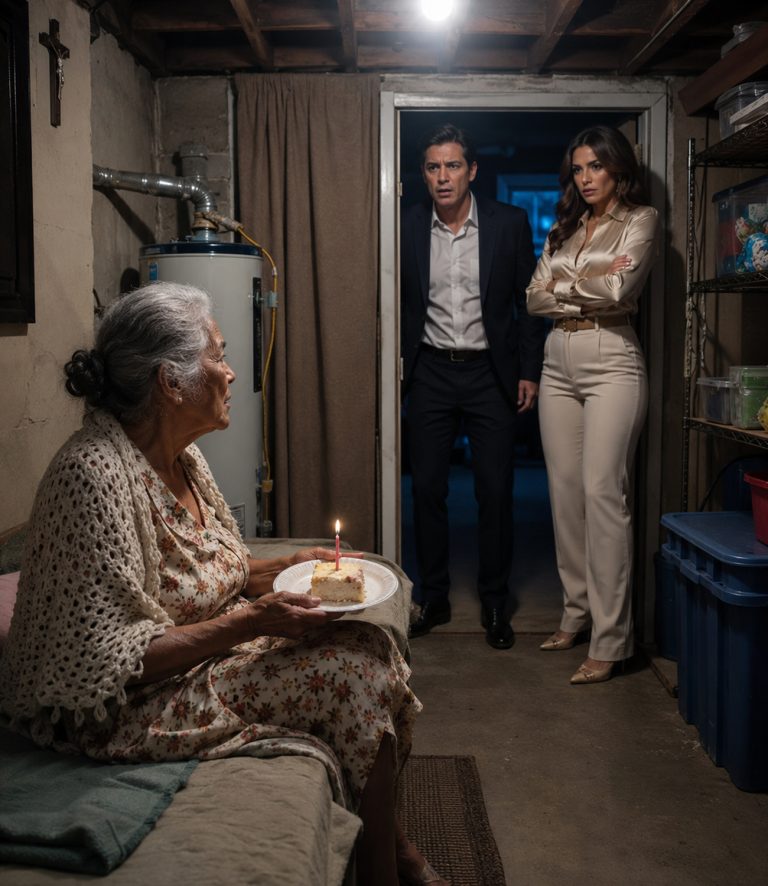 “My millionaire son smiled at the cake on my 65th birthday and asked if I was still enjoying the beautiful house he had bought me. I looked down at the plastic plate in my lap, at the cheap vanilla frosting melting beside the candle, and said, ‘Honey, I live in the garage.’ For a second, nobody breathed. The fork in my daughter’s hand slipped through her fingers and hit the concrete floor with a sharp little crack. My son stared at me like he had misunderstood English. Then he stood up, walked to the side door, and opened it — and everything my daughter had hidden for three years came pouring out.”