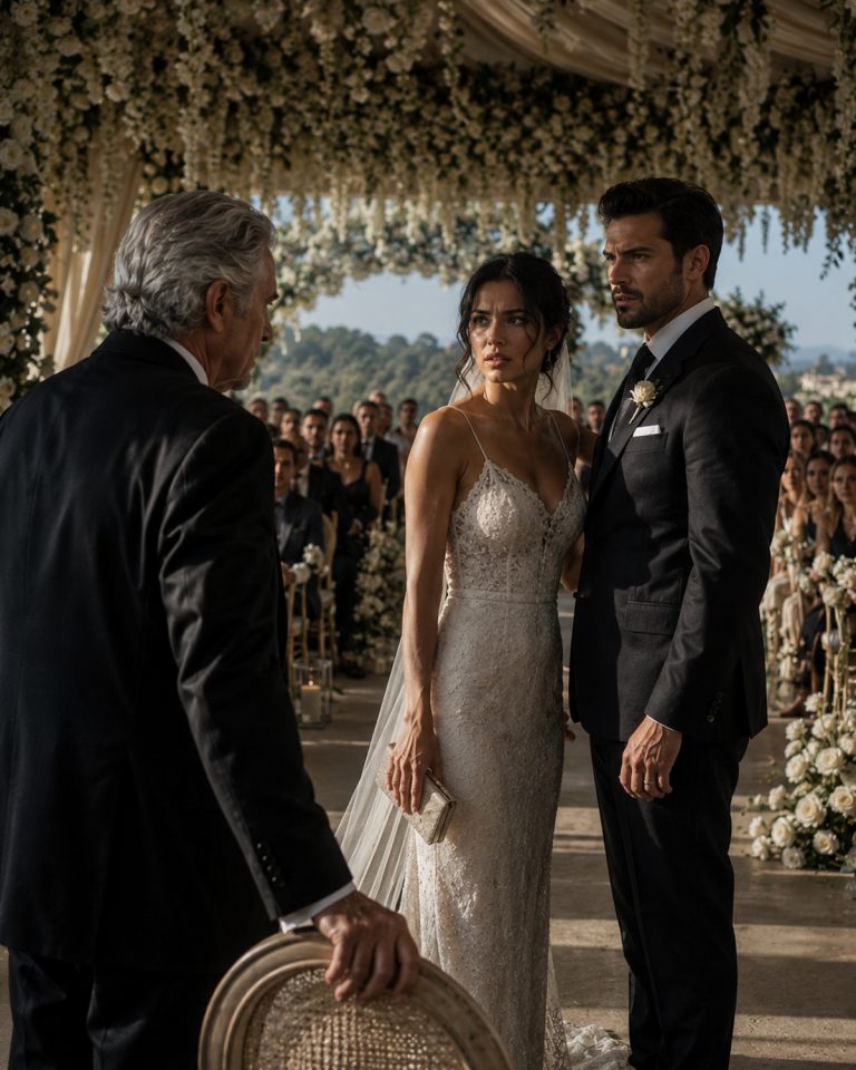 “She is a poor girl running a con,” the billionaire father announced to the entire wedding, sneering at the bride’s empty side of the aisle. I thought the groom would back down when the security guards stepped forward to throw her out. Then a convoy of black cars pulled up to the estate… and the father-in-law’s own CFO turned pale.