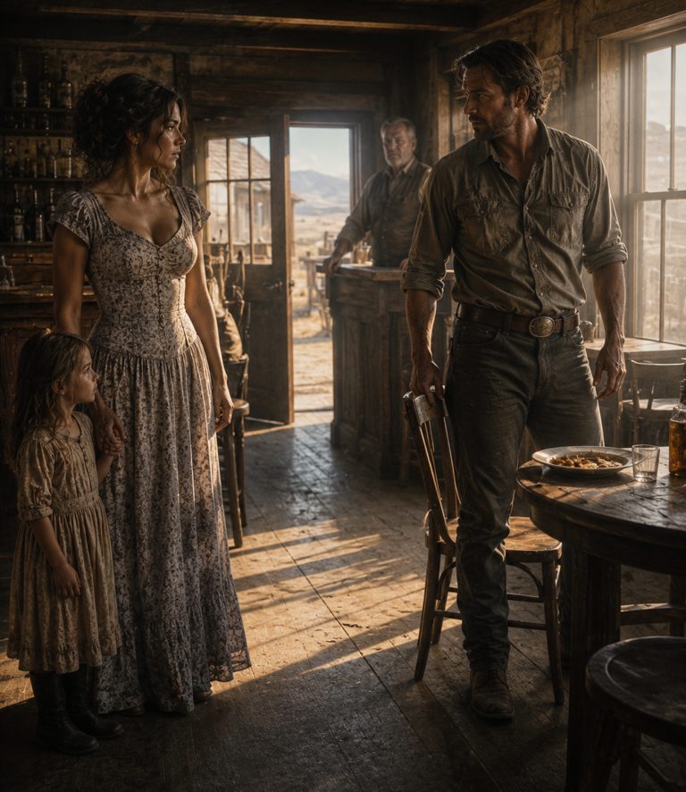 “Ma’am,” the rancher said, standing up from his table, “would you and your girl care to sit a spell?” He pushed a plate of stew toward a widow who’d learned to make herself invisible, and a six-year-old whose hunger had given her away. Then the banker came to collect the debt, the sheriff stood at her door, and one leather folder changed everything — but only after a hard conversation taught a well-meaning man the difference between saving someone and standing beside them.
