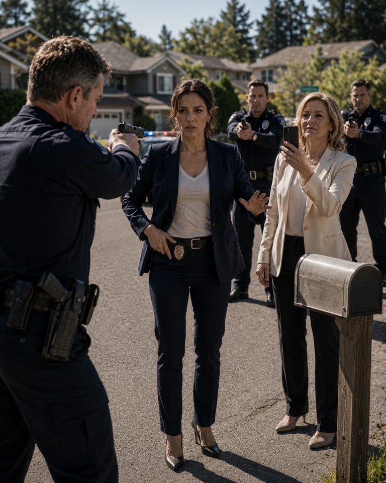 “She’s got a gun! Someone call 911!” Our HOA president screamed this when she saw my wife step out to get the mail with something at her side. Three police cars came roaring up, weapons already drawn. The HOA president had been watching us all week, building her case, poisoning the neighborhood against us. She thought she’d caught the perfect evidence to destroy my wife’s career and force us out of the community. But there was something about my wife this neighborhood devil had never discovered — something that would turn her police call into the most horrific mistake of her life. The next 42 seconds would change everything. And the only thing more shocking than the confrontation was what came out when a federal investigation uncovered a three-year conspiracy that had already destroyed dozens of families.
