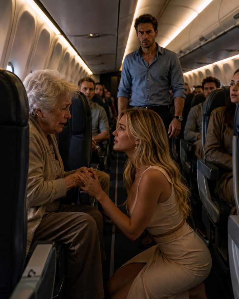 “God, what’s wrong with her?” The whisper cut through the cabin as an elderly woman began to shake violently, her hands twisting from an uncontrollable tremor. Passengers slid their seats away. They called for the crew to move her somewhere else. Even the flight attendants hesitated, unwilling to step closer. Then a young woman knelt down beside the trembling stranger, took her shaking hands, and spoke gently. From the back of the cabin, a man was walking fast toward them—the woman’s son, who had been gone only minutes. What he saw next would stay with him for the rest of his life. One act of kindness on a crowded flight changed everything for three people who would never be strangers again.