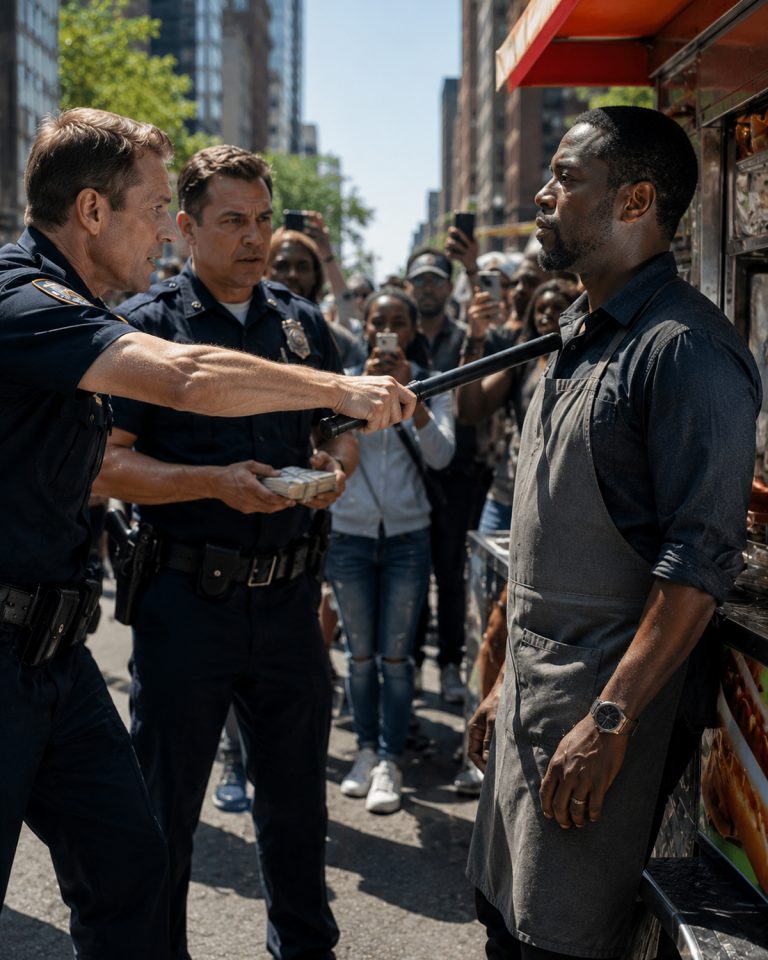 “$300 cash every Friday. You got that, boy? Or is your kind too dumb to count?” Sergeant Crawford’s voice carried across Main Street as he pocketed the money from the hot dog vendor. The badge gleamed. The cheap cologne mixed with grilled onions. The vendor’s dark hands stayed steady as he counted out the bills — but beneath his apron, a tiny red light blinked, still recording. Crawford didn’t know he’d just extorted an undercover federal marshal. What followed was 18 months of terror, a 71-year-old veteran beaten on the sidewalk, and a 62-year-old woman whose heart finally gave out. Then the black vendor they thought was gone walked back onto Main Street. And this time, he wasn’t selling hot dogs.