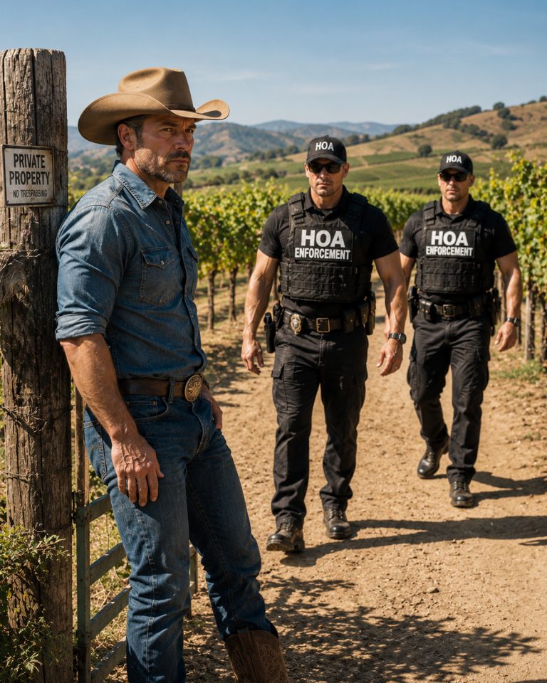“I found two armed HOA cops standing in the middle of my vineyard at sunrise.” The problem was, I wasn’t in their HOA. Not even close. Three days later, drones appeared over my house. Then came the hacking attempts and a fake sheriff named Greg swearing he had jurisdiction over my land. He was building a case against me, painting me as a threat, a danger to the community. He didn’t know that I used to be a detective—and that I was documenting every single move he made. When Greg showed up screaming, slicing open a bag he swore was full of drugs, it exploded in his face. That’s when the handcuffs finally came out, and the real story of what he’d been doing to the entire neighborhood began to unravel.