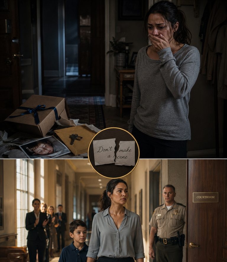 “Don’t make a scene,” my mother’s card read beneath the ribbon. Inside the box was a photo of my son sleeping in his bedroom, a duplicate key to our house, and forged court papers asking to take him from me. I called 911 before reading another page. Then my husband walked in, turned pale, and admitted my father had asked him to sign something three weeks ago. That’s when the officers found the hidden cameras.