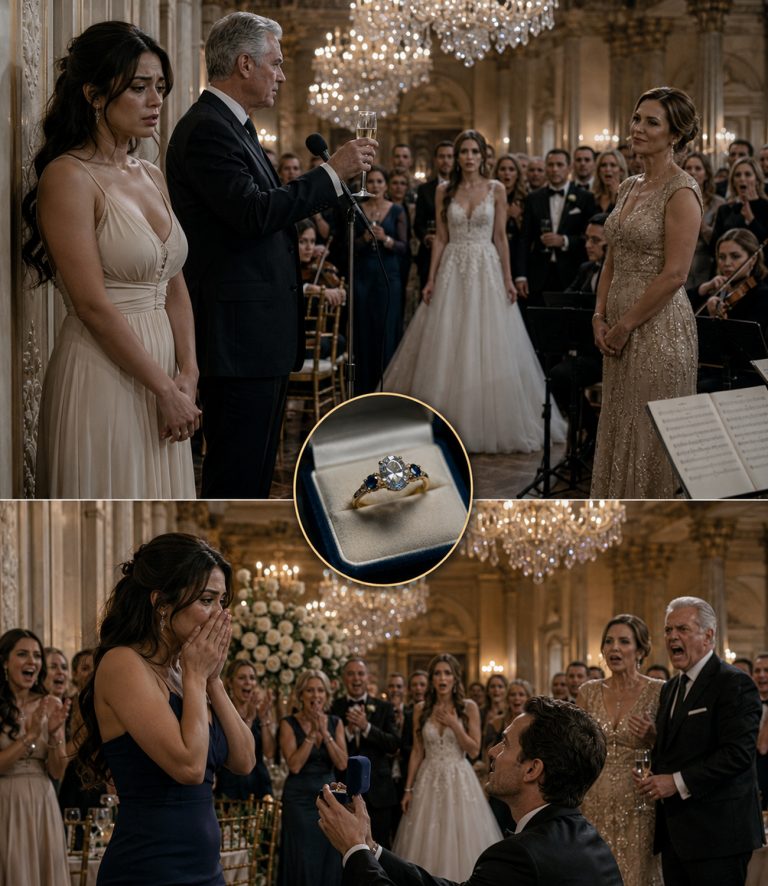 “My father lifted his champagne glass at my sister’s wedding and told 200 guests I was the only stain on an otherwise perfect night.” The ballroom went silent. I was standing near the wall—close enough to look like family, far enough to be invisible in the official photos. That’s where my mother had placed me. Then my boyfriend stood up from the vendor’s table, walked straight toward the dance floor, and dropped to one knee in front of everyone. But that wasn’t the shocking part. The shocking part was what my sister did next—and the secret my father had been hiding since our grandmother died.