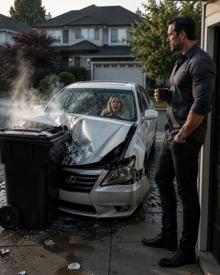 “For three straight weeks, every Tuesday at 6:00 a.m., my trash can got demolished. Not by wind, not by animals, but by Bethany Thornfield, our HOA president, ramming her white Lexus straight into it like it owed her money.” I’m standing in my driveway, staring at the carnage—mangled plastic, coffee grounds across 20 feet of pavement, banana peels draped over my mailbox like party streamers from hell. My neighbor whispered she’d backed up and hit it again, then sat there laughing at the mess. That laugh was her biggest mistake. See, Bethany had no idea I’m an electrician. And she definitely had no idea what I was about to install in place of that flimsy plastic bin—something that would teach her Lexus a lesson it would never forget.