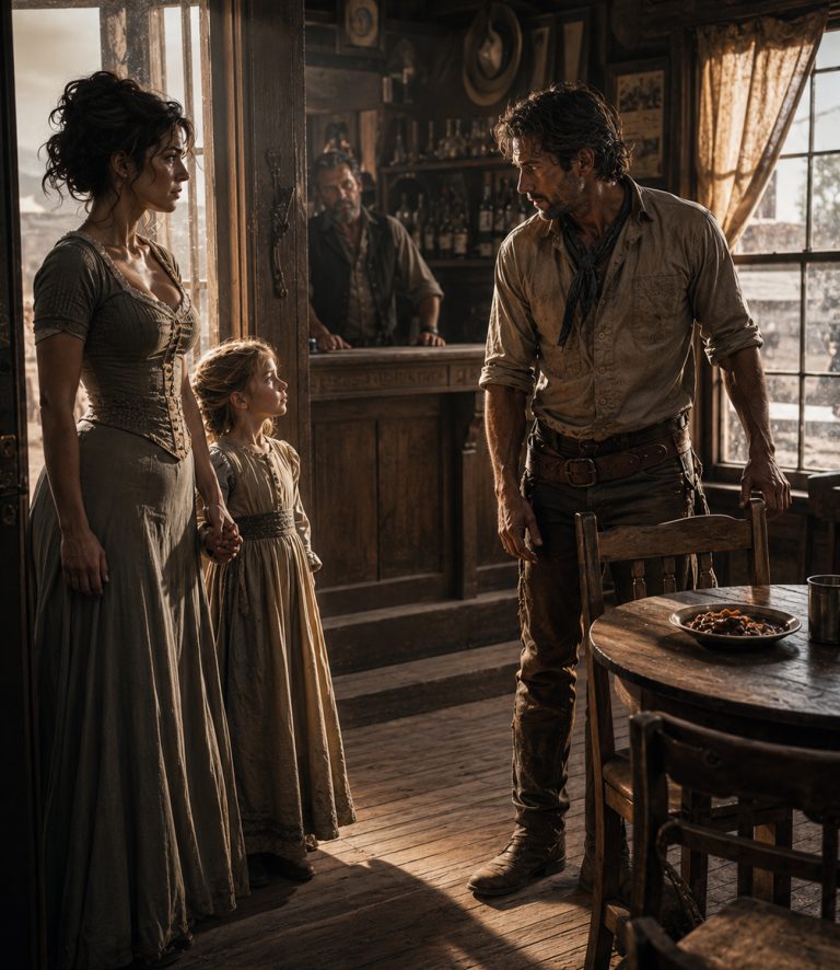 “Ma’am,” the rancher said, standing up from his table, “would you and your girl care to sit a spell?” He pushed a plate of stew toward a widow who’d learned to make herself invisible, and a six-year-old whose hunger had given her away. Then the banker came to collect the debt, the sheriff stood at her door, and one leather folder changed everything — but only after a hard conversation taught a well-meaning man the difference between saving someone and standing beside them.