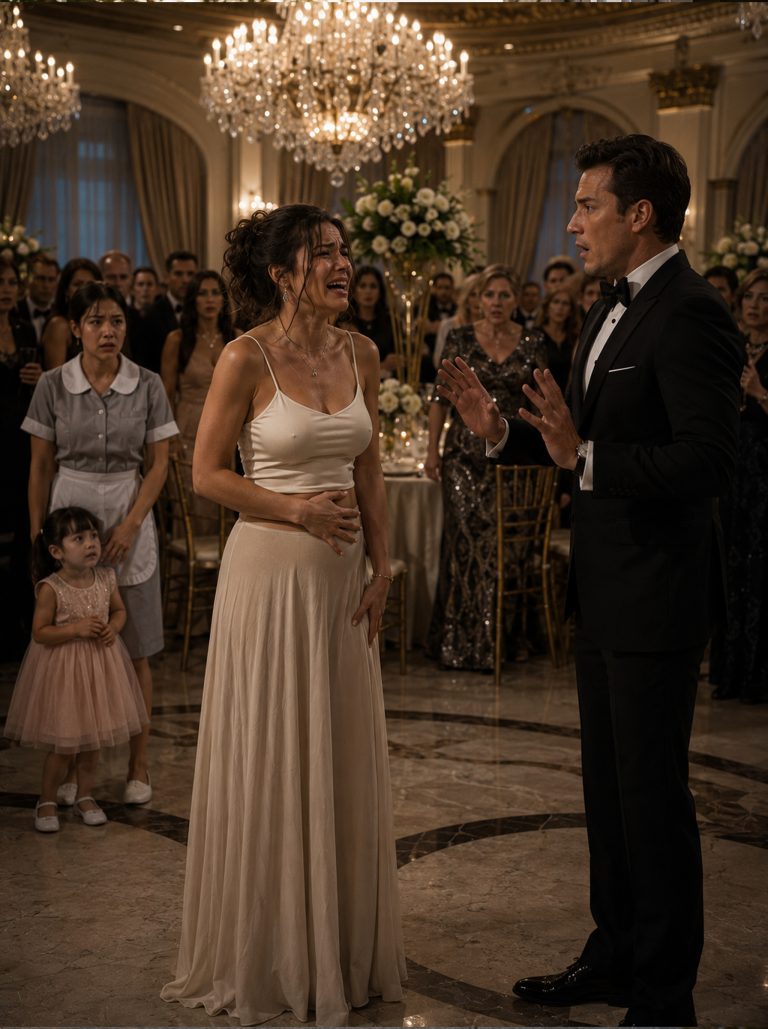 “The crystal chandeliers shimmered over the grand engagement banquet as the city’s wealthiest families applauded. Then a young woman pushed through the crowd, tears streaming, holding her stomach: ‘I’m having your baby.’ Every smile vanished. The music stopped. The stunned billionaire groom faced ruin. Then a tiny voice rose from the corner—the maid’s three-year-old daughter looked at the crying woman with innocent eyes and asked one simple question that froze every heart: why she had said the baby’s father lived in another city just weeks ago. The sentence was spoken with the honesty only a child possesses, and it landed with the force of thunder. What began as destruction became the miracle that changed everything.”